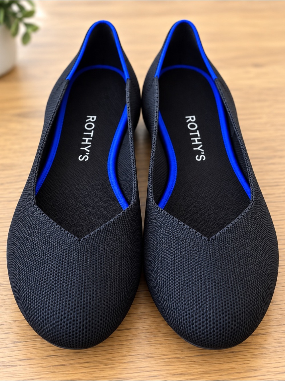 Rothy's Black Knit Flats with Royal Blue Trim